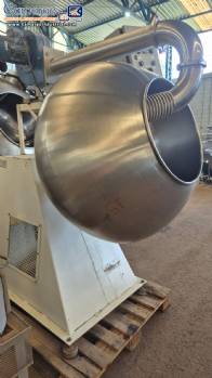 Set of ten stainless steel coating pans with capacities between 150 liters and 350 liters.