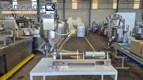 Semi-automatic stainless steel benchtop filling machine for pastes with funnel, mixer and jacketed heating element, Cetro brand.